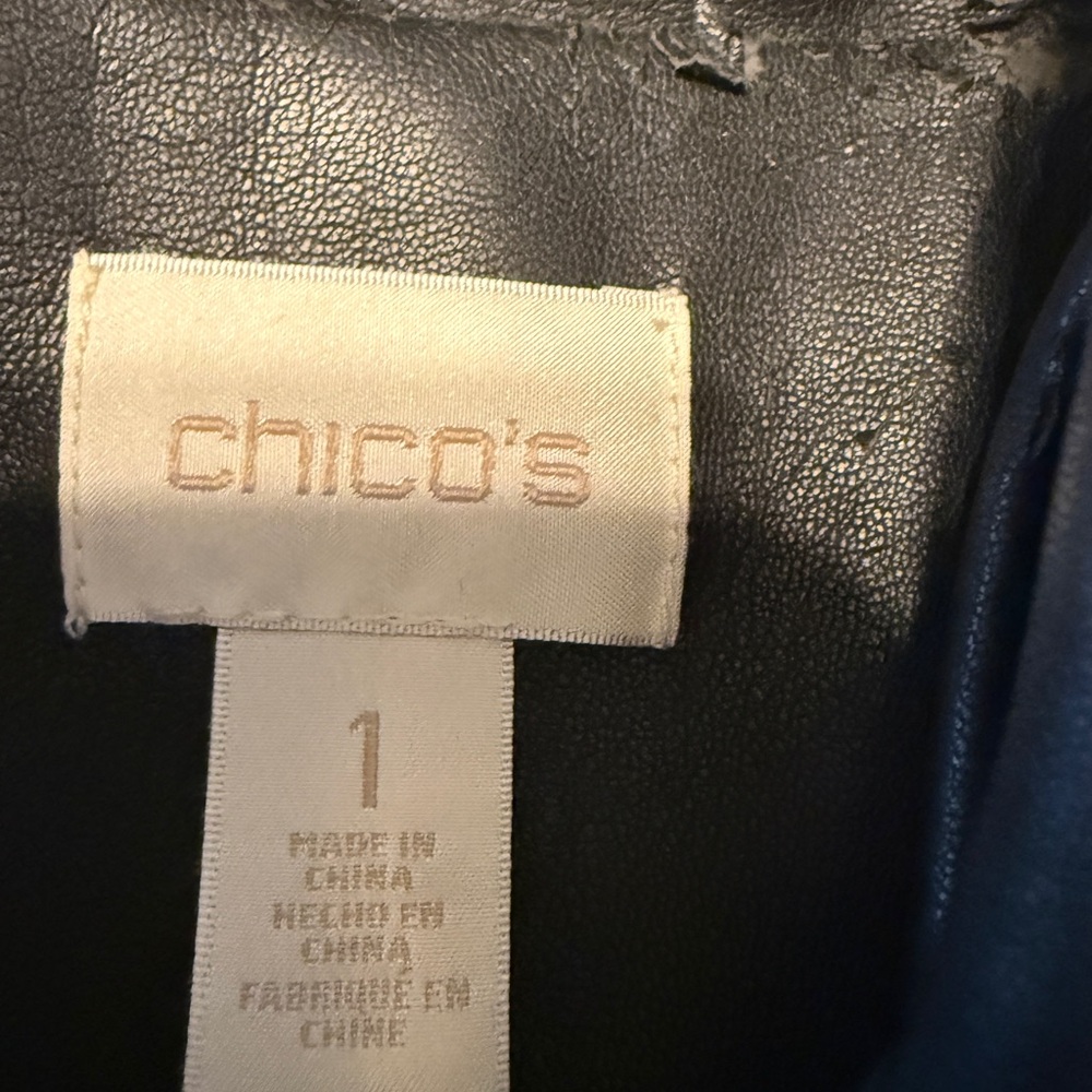Chicos Faux Leather Military Jacket Black Size Medium Stretch Panels - Picture 11 of 12